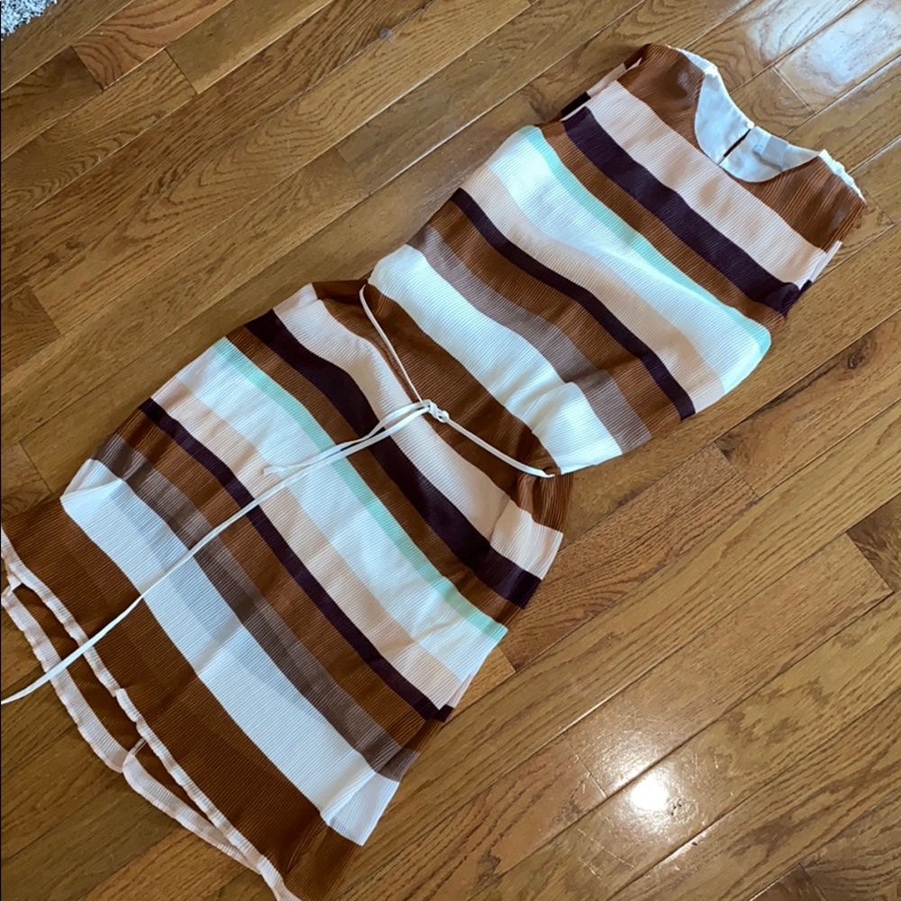 H&M Pleated Tie Waist Striped Midi Dress